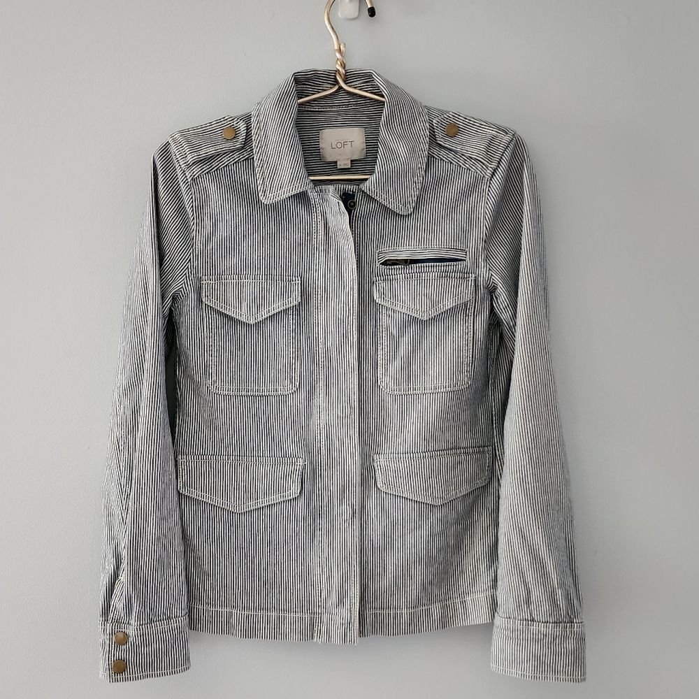 Ann Taylor Loft Blue White Railroad Striped Cargo Utility Jacket XS